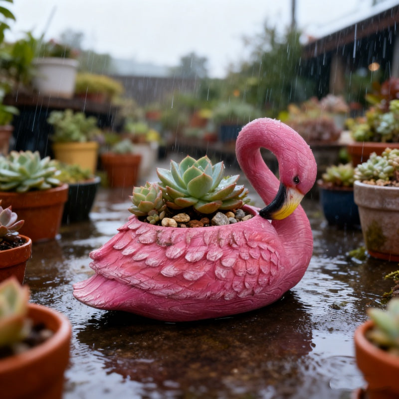 Cache-pot flamant rose en résine 30 cm — déco balcon et jardin
