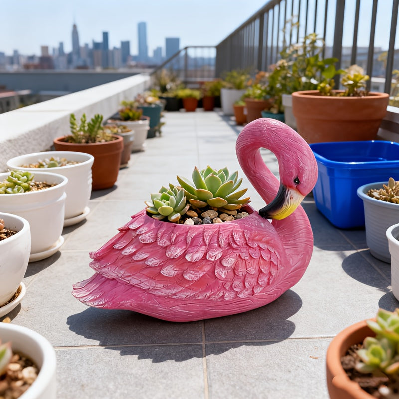 Cache-pot flamant rose en résine 30 cm — déco balcon et jardin