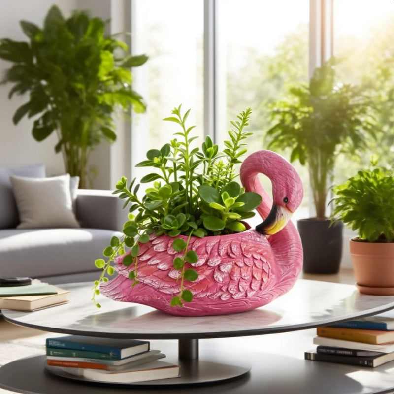 Cache-pot flamant rose en résine 30 cm — déco balcon et jardin