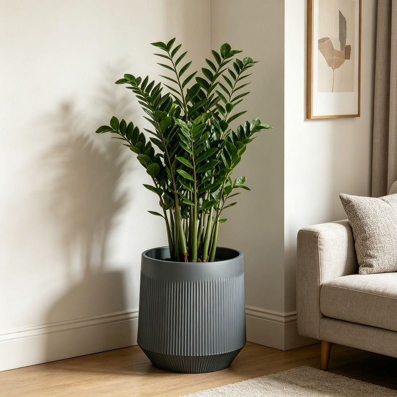 Cache-pot gris à nervures Ø 30 cm — grand format résine