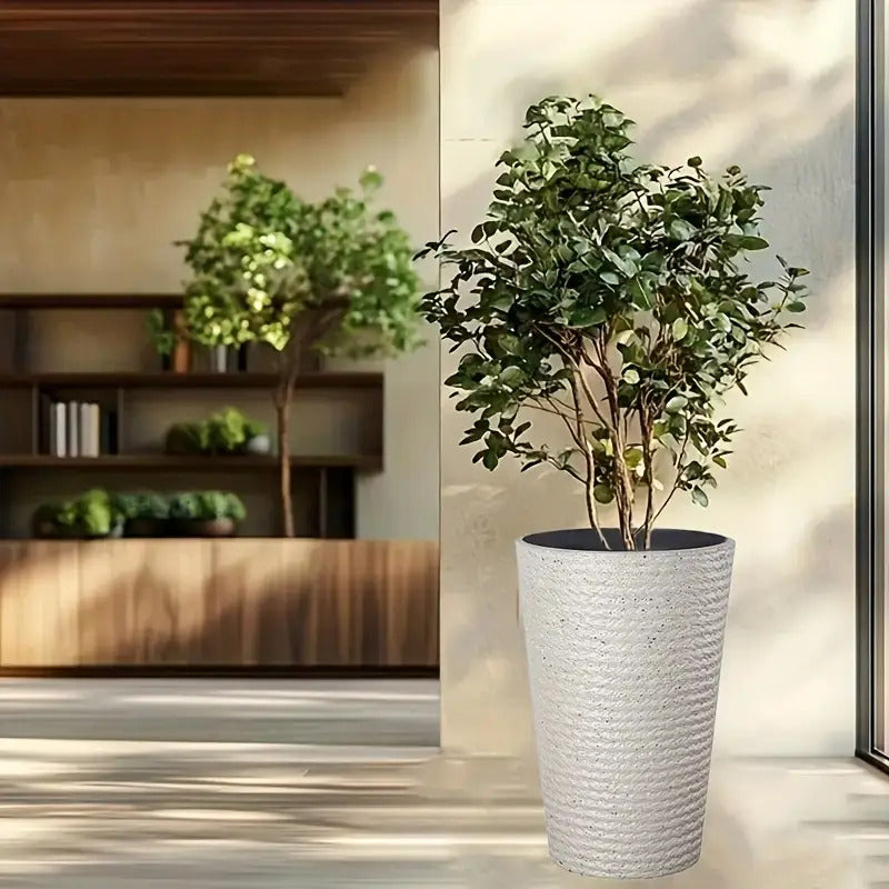 Cache-pot haut blanc effet pierre Ø 28 cm avec soucoupe
