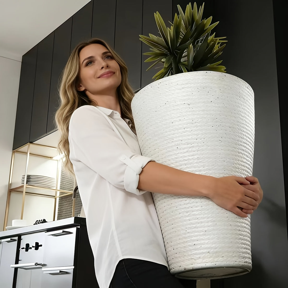 Cache-pot haut blanc effet pierre Ø 28 cm avec soucoupe