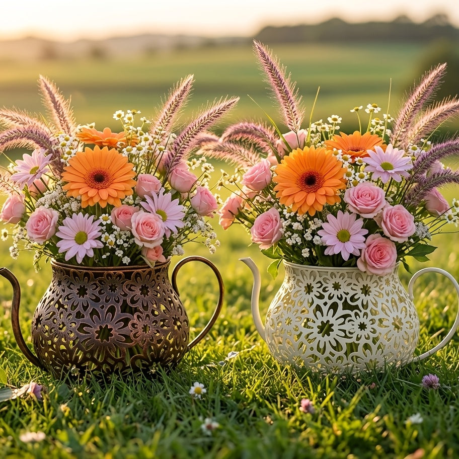 Cache-pot en métal ajouré forme théière, style rétro Ø 16 cm