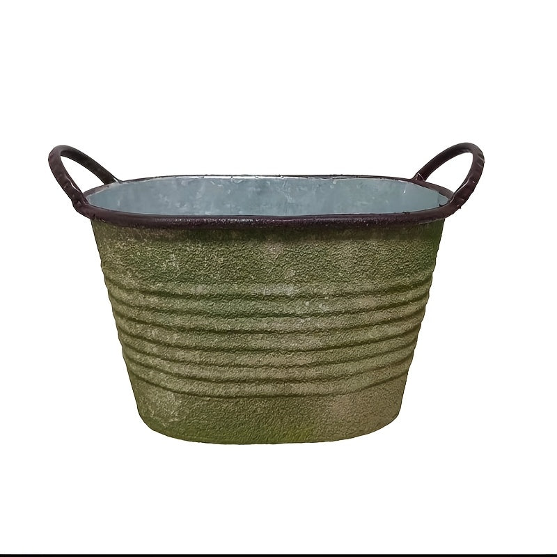 Cache-pot en métal vert mousse 31 cm — bassine vintage à anses