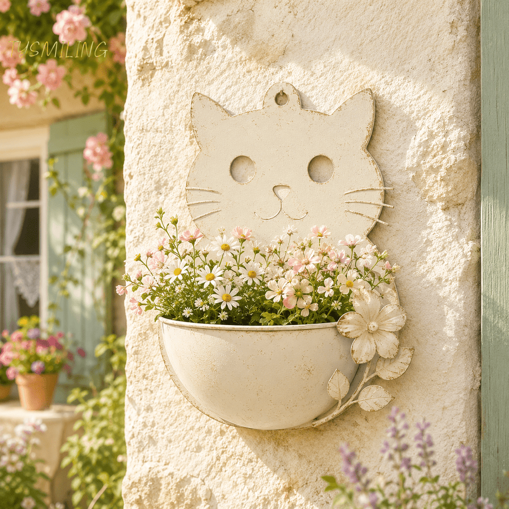 Cache-pot mural en métal en forme de chat 22x26 cm - Vintage
