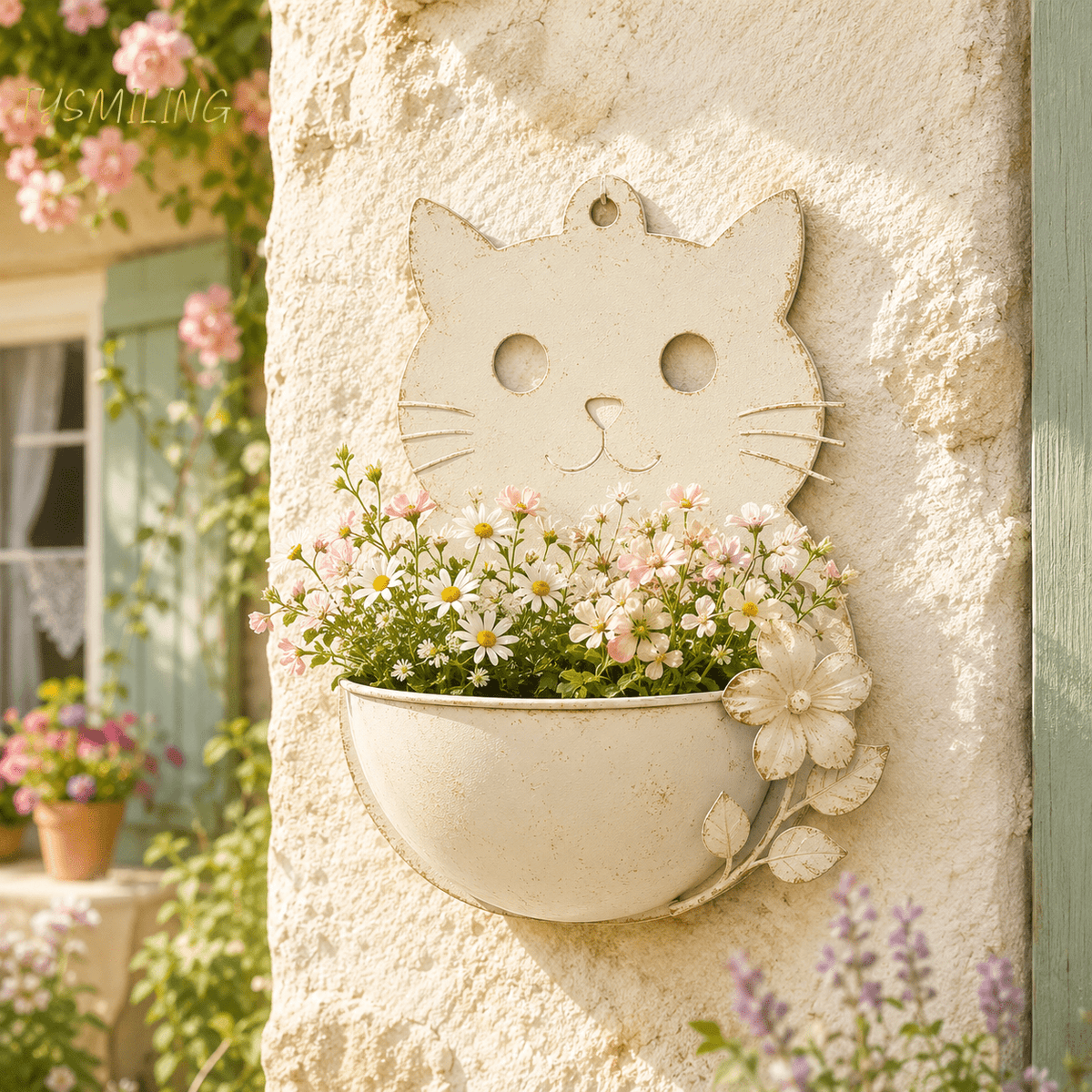 Cache-pot mural en métal en forme de chat 22x26 cm - Vintage