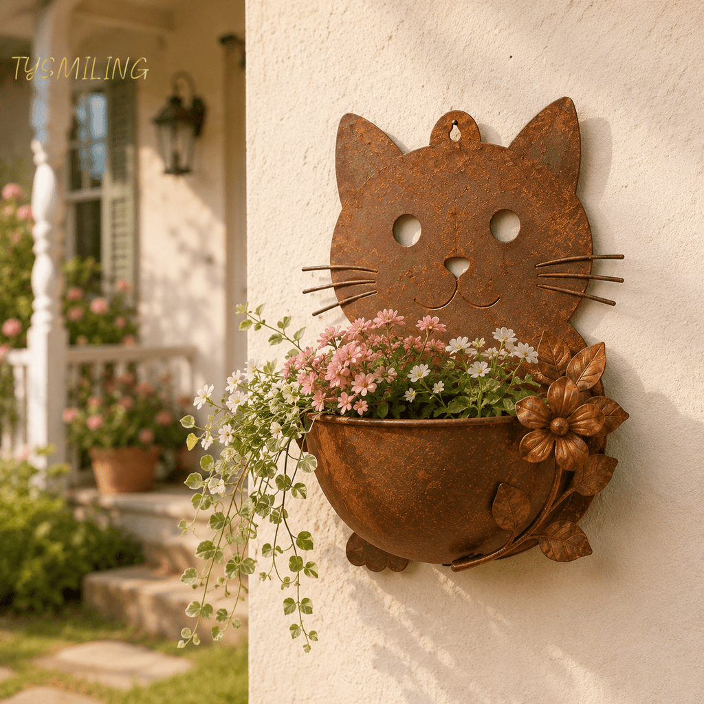 Cache-pot mural en métal en forme de chat 22x26 cm - Vintage