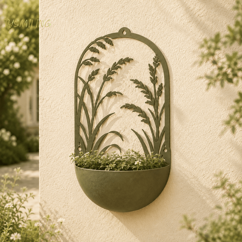 Cache-pot mural en métal vert olive à décor botanique 40 cm