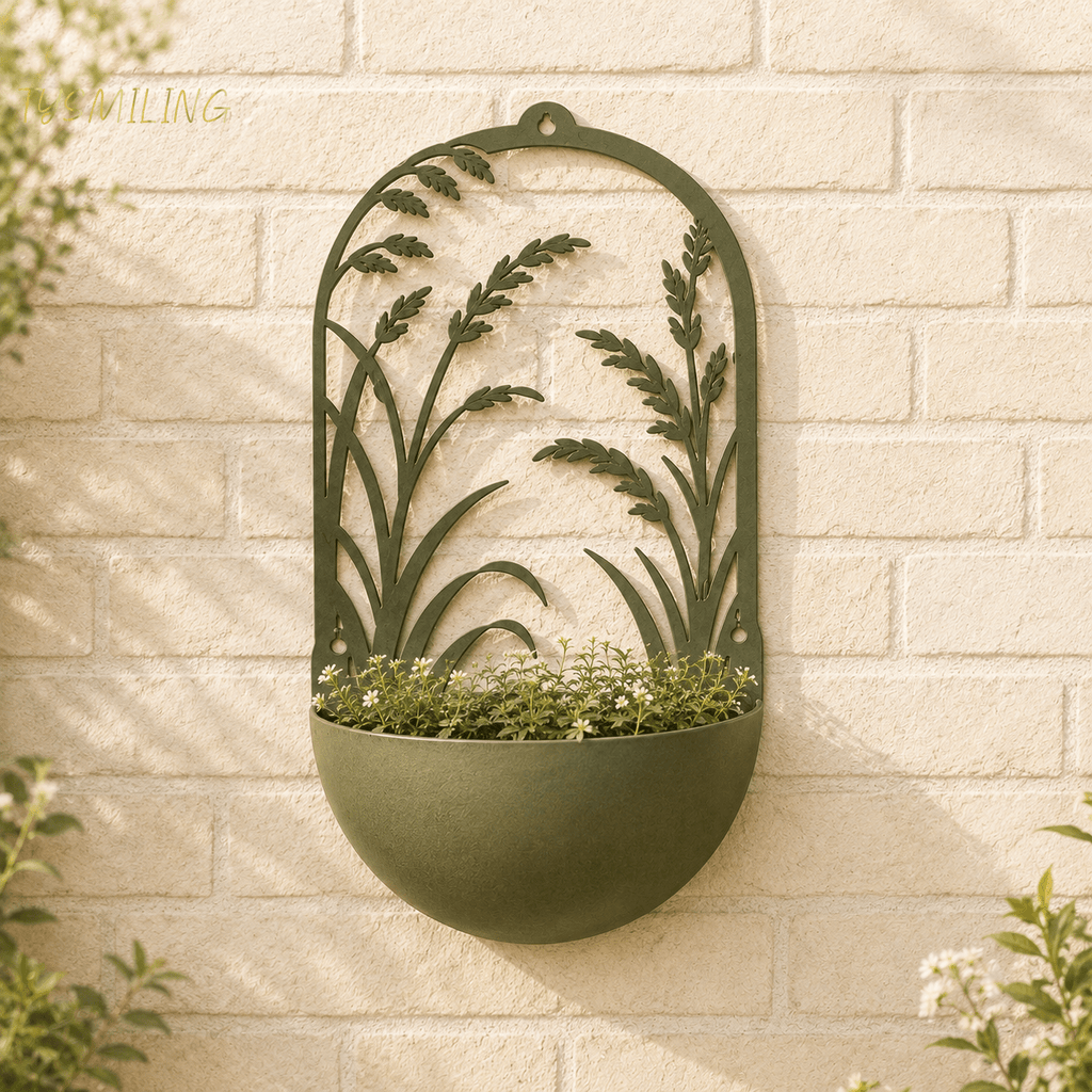 Cache-pot mural en métal vert olive à décor botanique 40 cm