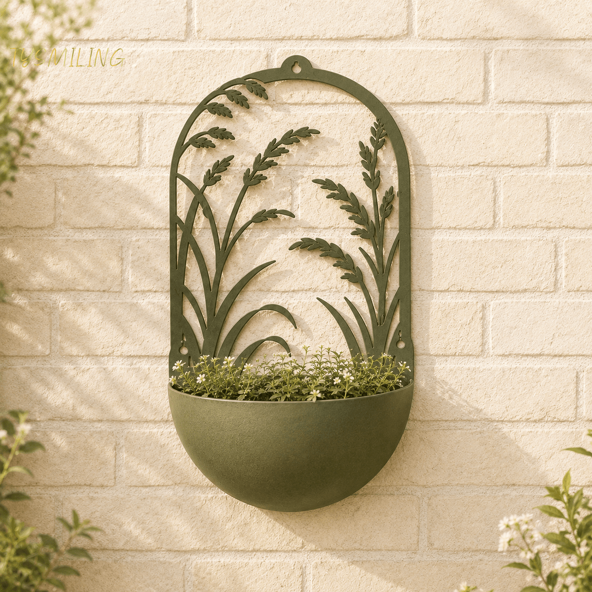 Cache-pot mural en métal vert olive à décor botanique 40 cm