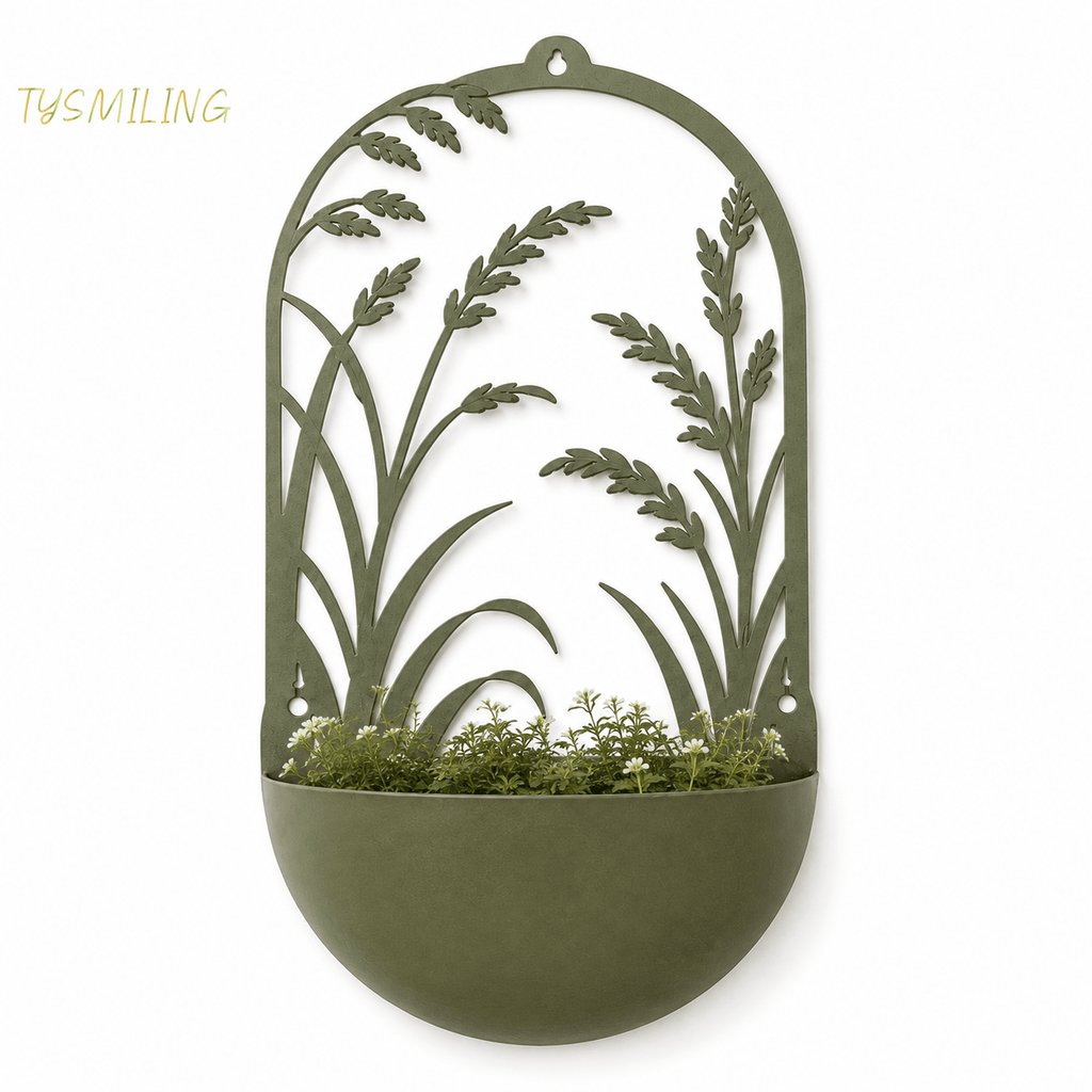 Cache-pot mural en métal vert olive à décor botanique 40 cm
