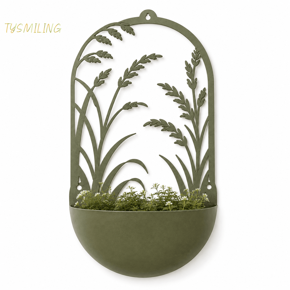 Cache-pot mural en métal vert olive à décor botanique 40 cm