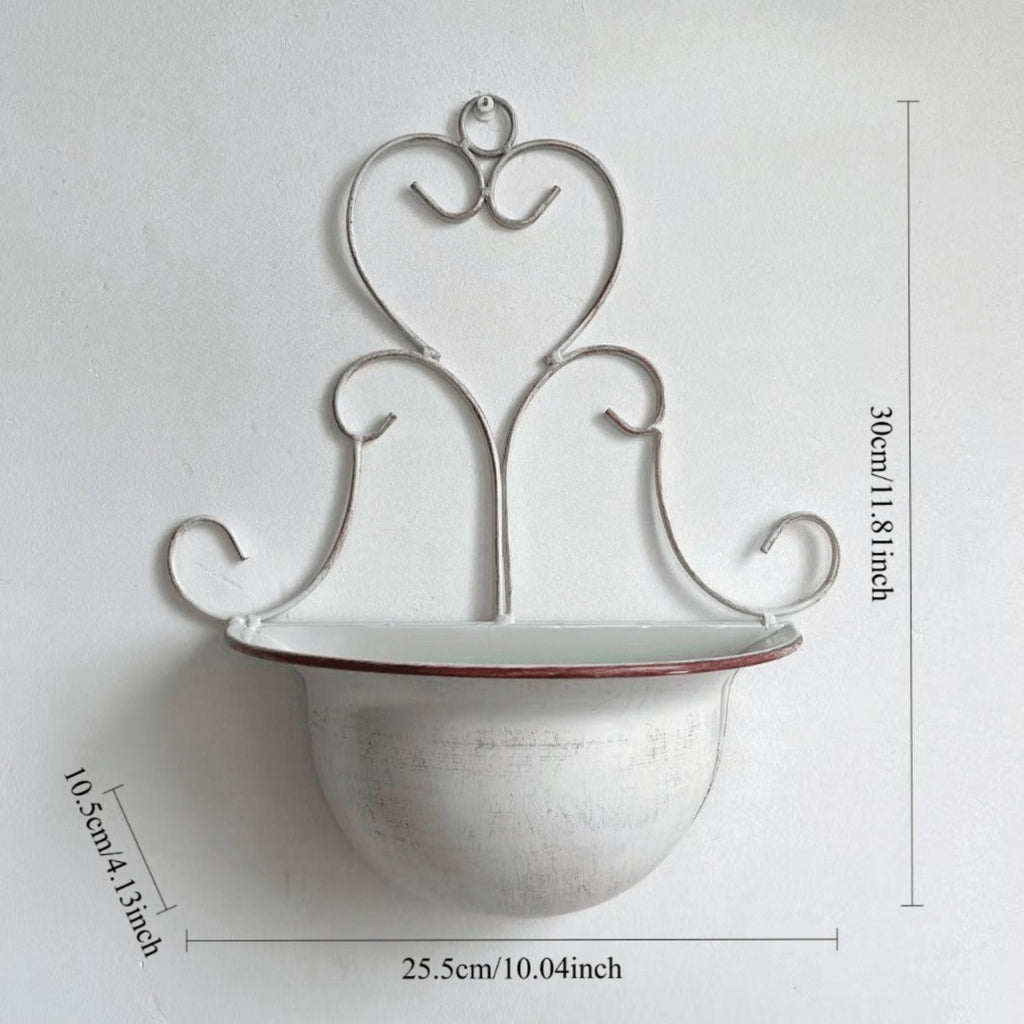 Cache-pot mural en métal vintage 26 cm, demi-lune à fixer