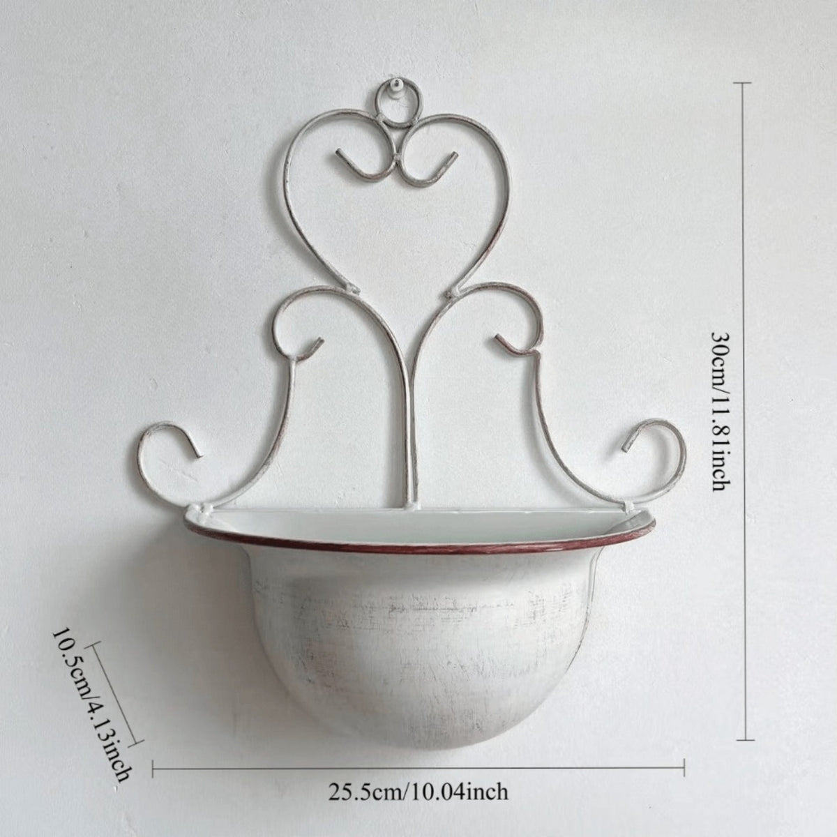 Cache-pot mural en métal vintage 26 cm, demi-lune à fixer
