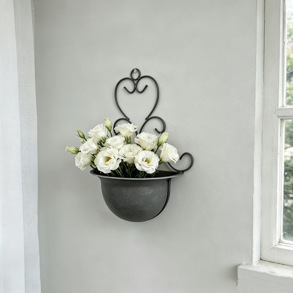 Cache-pot mural en métal vintage 26 cm, demi-lune à fixer