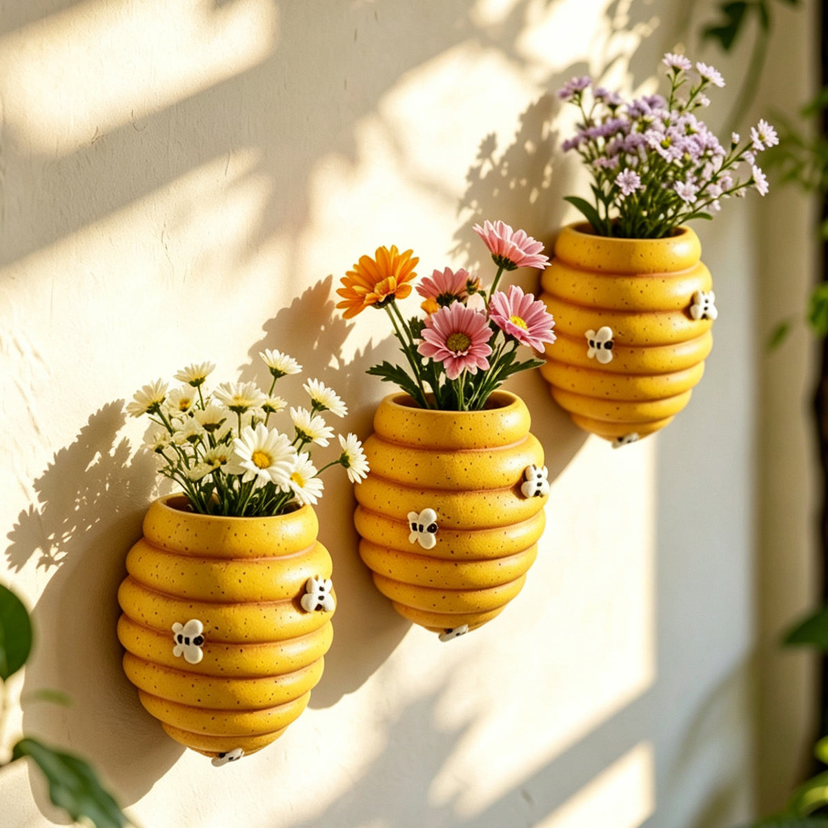 Cache-pot mural ruche d'abeille en céramique, lot de 2 ou 3