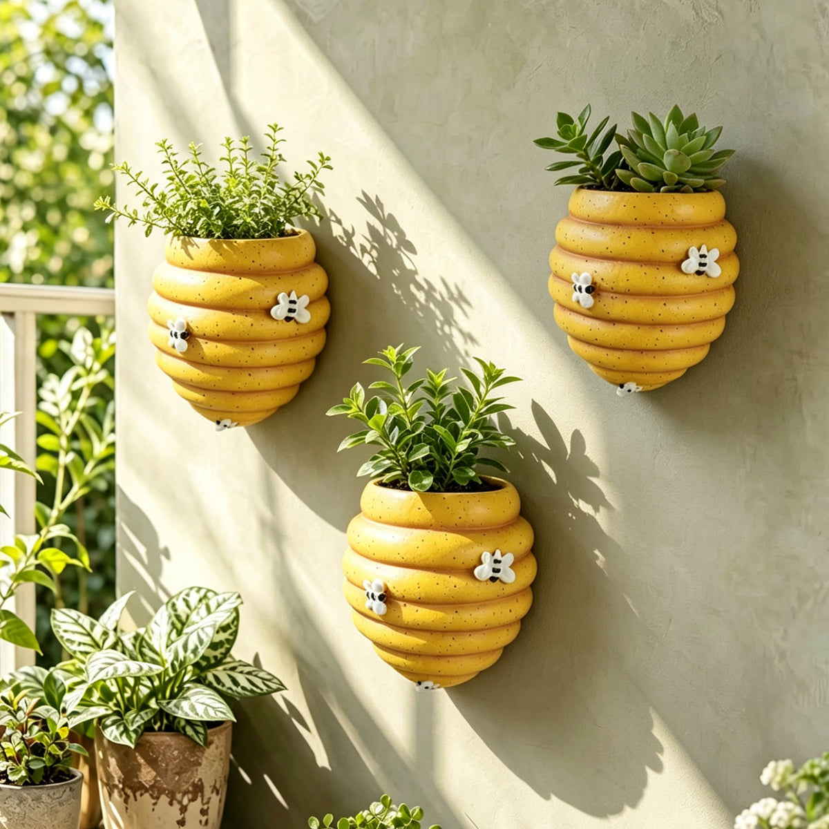 Cache-pot mural ruche d'abeille en céramique, lot de 2 ou 3