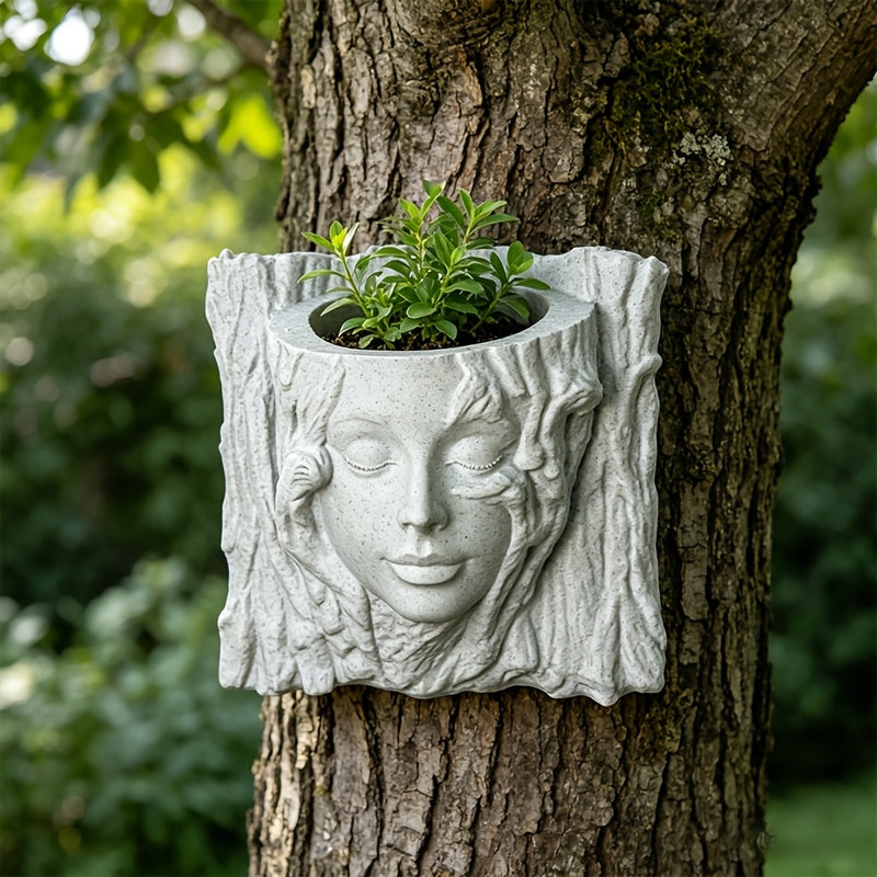 Cache-pot mural visage de déesse en résine effet pierre claire