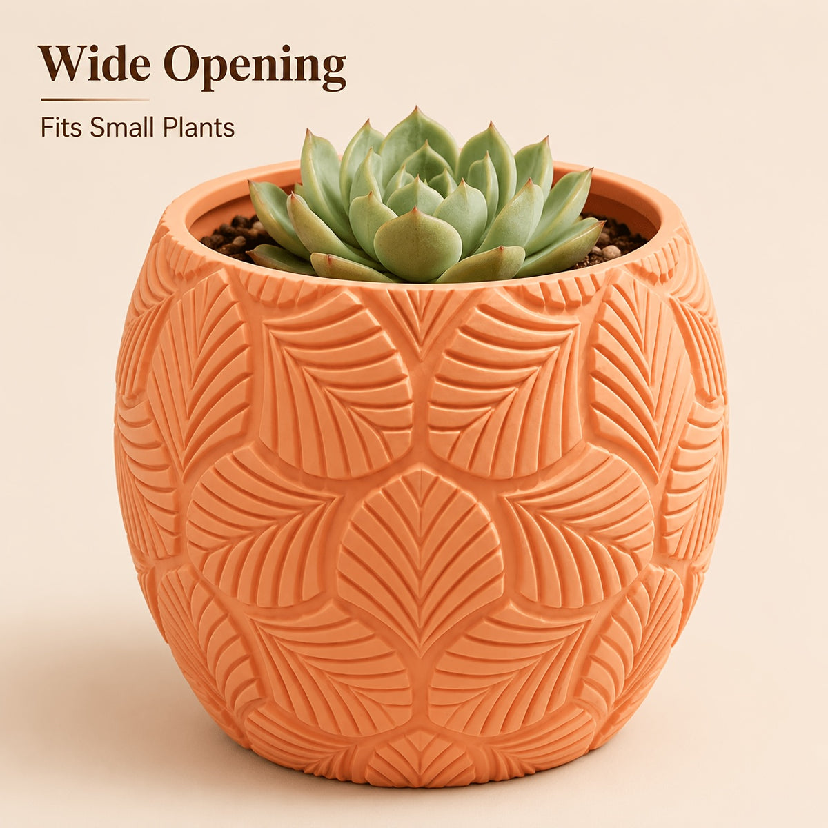 Cache-pot orange Ø 10 cm en relief feuillage, style vintage