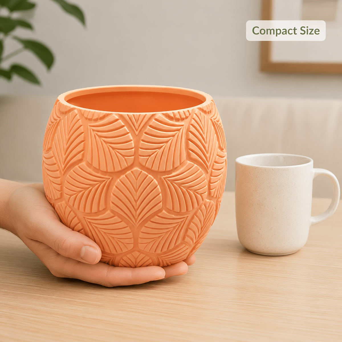 Cache-pot orange Ø 10 cm en relief feuillage, style vintage