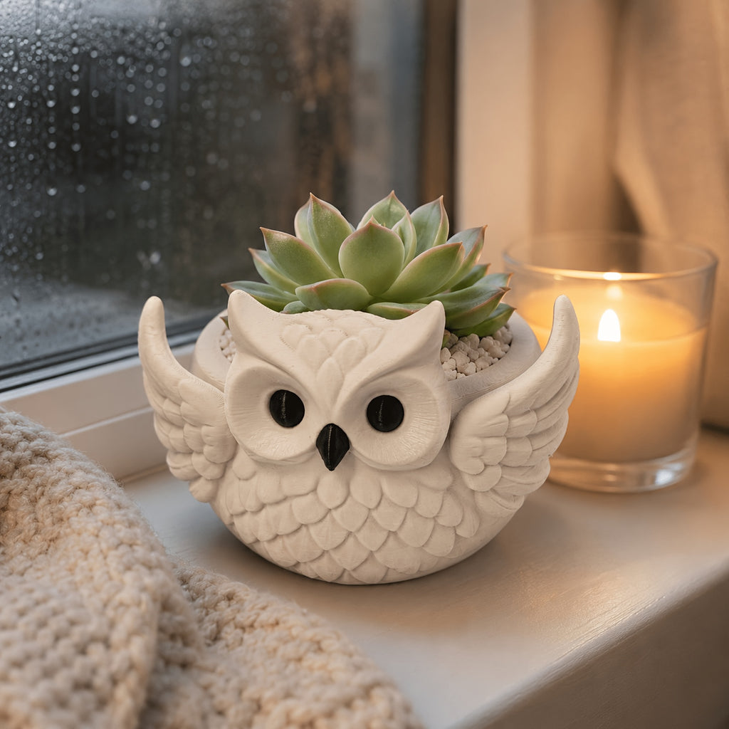 Cache-pot en forme de hibou blanc 12 cm - Pour succulente