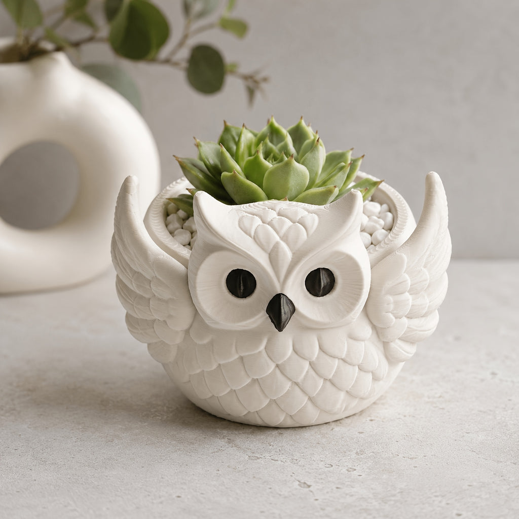 Cache-pot en forme de hibou blanc 12 cm - Pour succulente