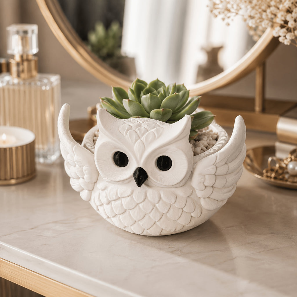 Cache-pot en forme de hibou blanc 12 cm - Pour succulente