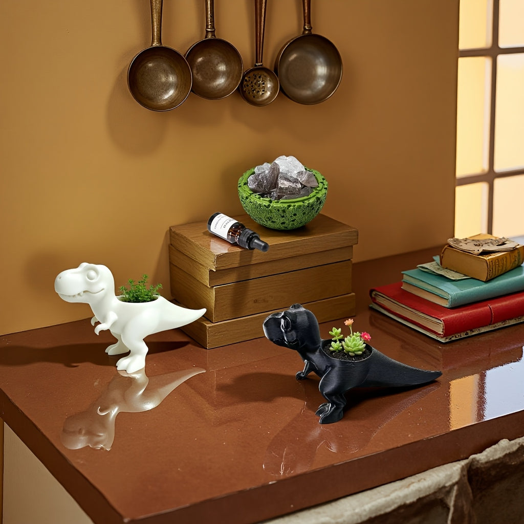Cache-pot T-Rex 12 cm en résine - Lot de 2 blanc et noir
