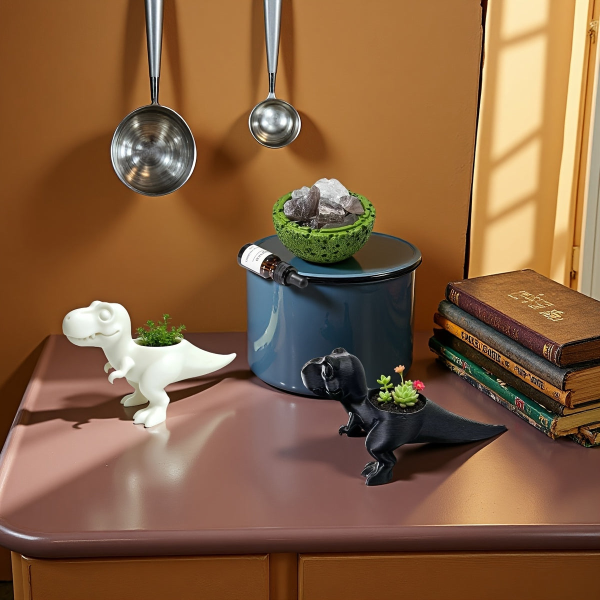 Cache-pot T-Rex 12 cm en résine - Lot de 2 blanc et noir