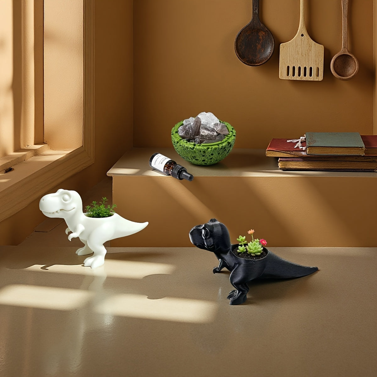 Cache-pot T-Rex 12 cm en résine - Lot de 2 blanc et noir