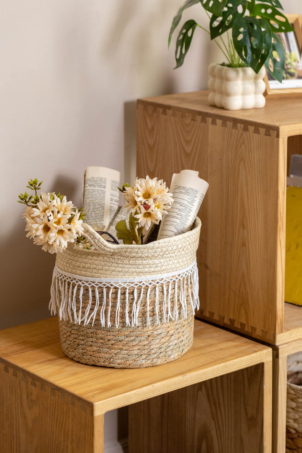 Cache-pot en osier tressé à franges macramé pour intérieur