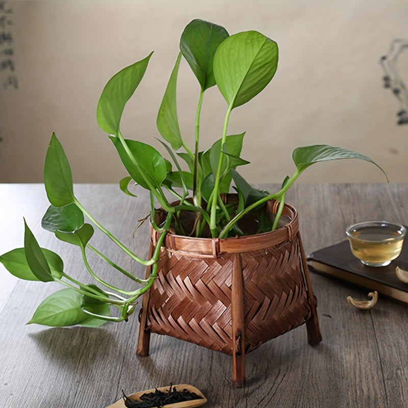 Cache-pot panier en bambou tressé sur pied 12 cm, marron