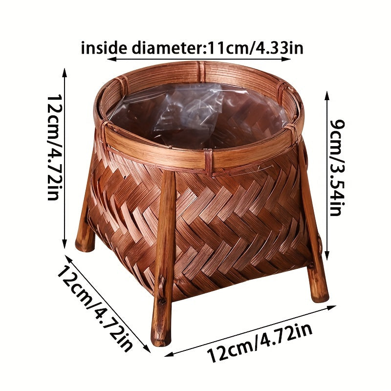 Cache-pot panier en bambou tressé sur pied 12 cm, marron