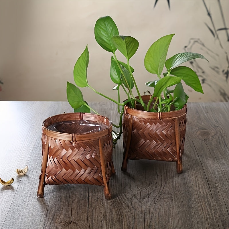 Cache-pot panier en bambou tressé sur pied 12 cm, marron