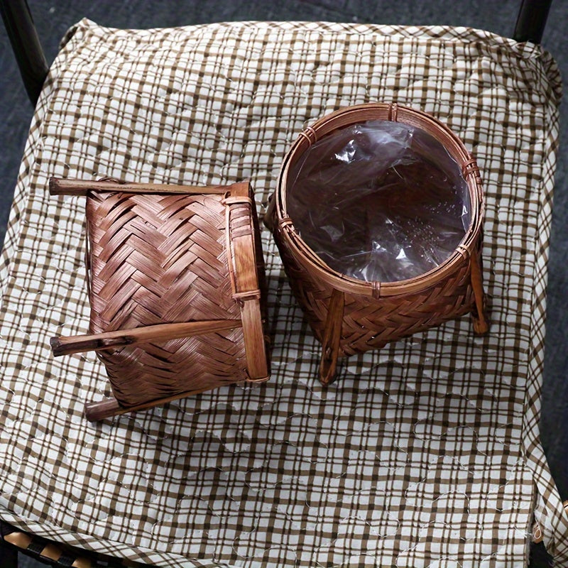 Cache-pot panier en bambou tressé sur pied 12 cm, marron