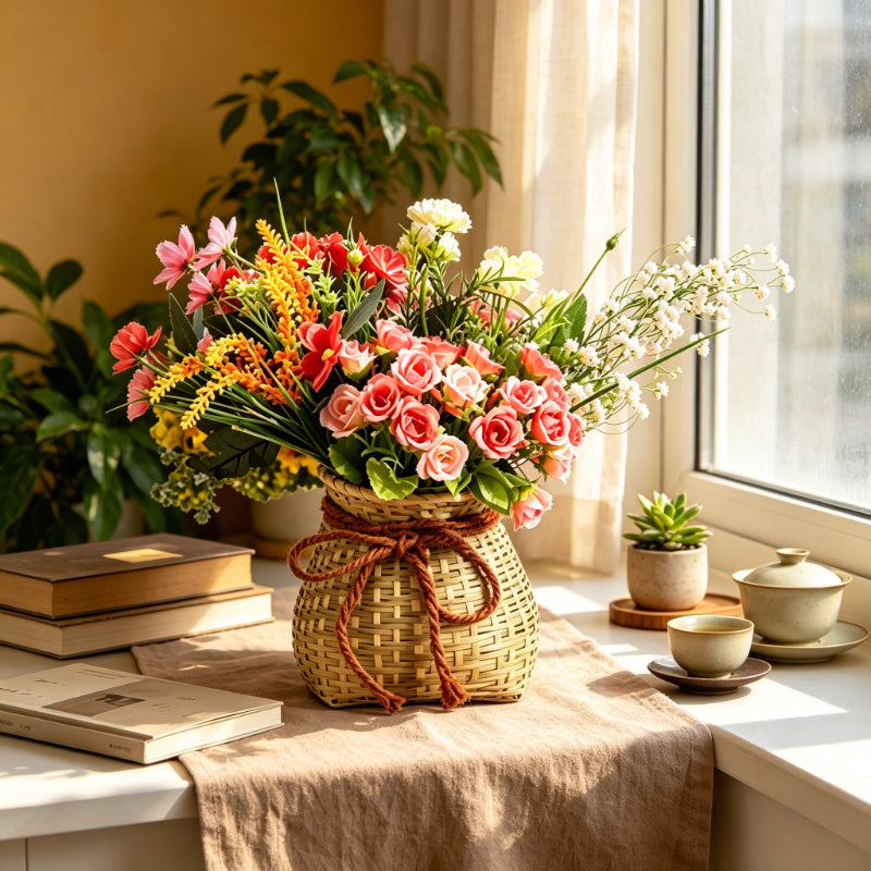 Panier à fleurs en bambou fait main / 21,01 x 14,99 x 13,97 cm