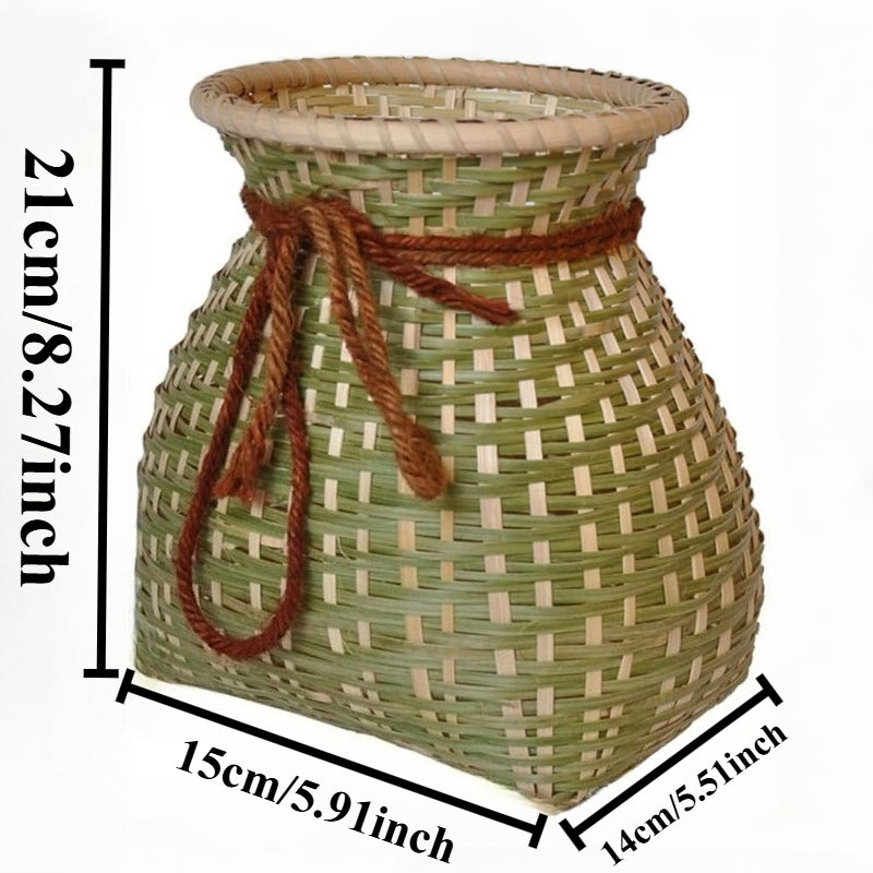 Cache-pot panier en bambou tressé vert, fait main, 15 cm