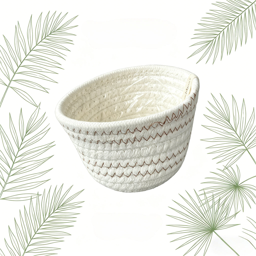 Cache-pot panier en corde de coton tressée, blanc et naturel