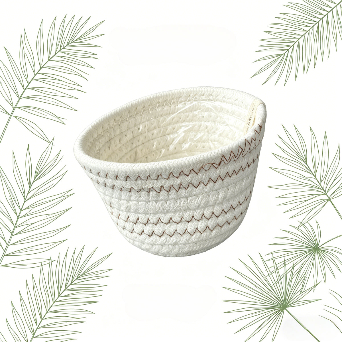 Cache-pot panier en corde de coton tressée, blanc et naturel