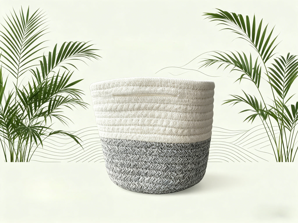 Cache-pot panier en corde de coton tressée, blanc et naturel