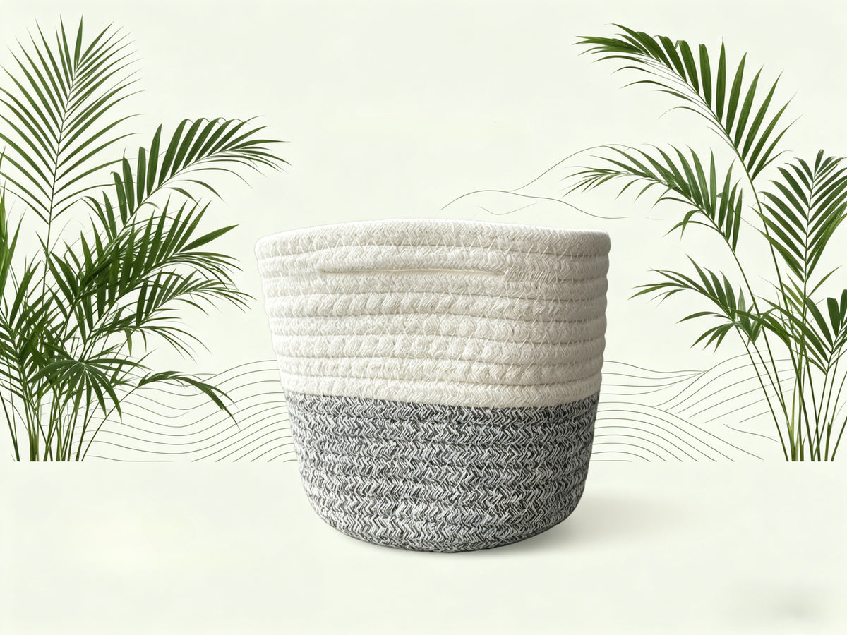 Cache-pot panier en corde de coton tressée, blanc et naturel