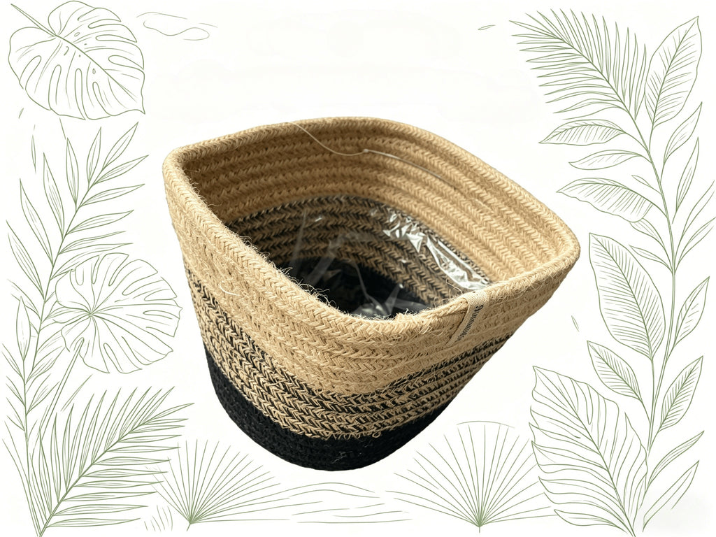 Cache-pot panier en corde de coton tressée, blanc et naturel