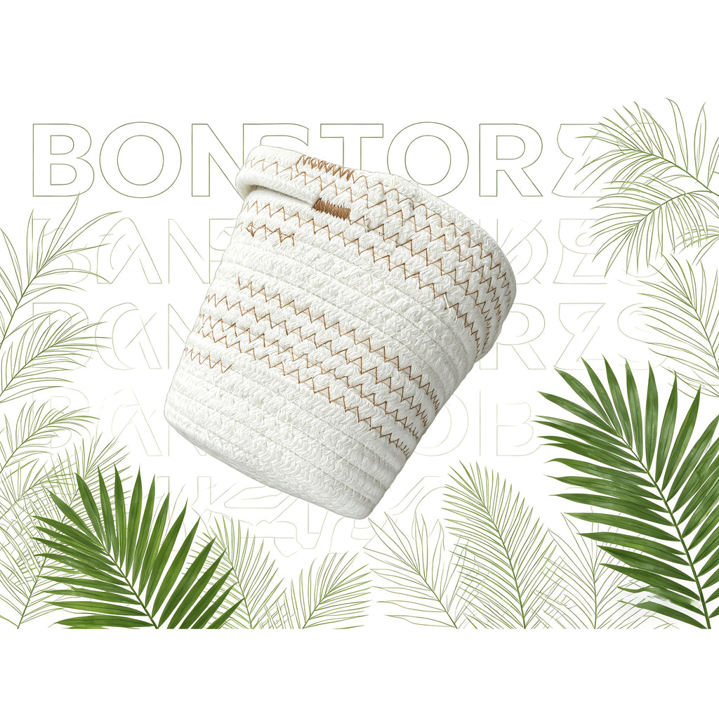 Cache-pot panier en corde de coton tressée, blanc et naturel