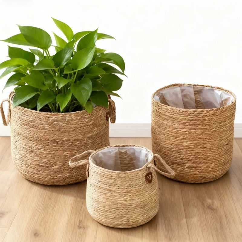 Cache-pot panier en paille tressée Ø 26 cm avec doublure