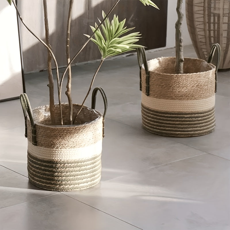 Cache-pot panier rayé en jonc de mer, Ø 30 cm pour intérieur