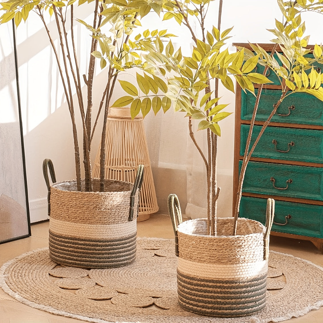 Cache-pot panier rayé en jonc de mer, Ø 30 cm pour intérieur