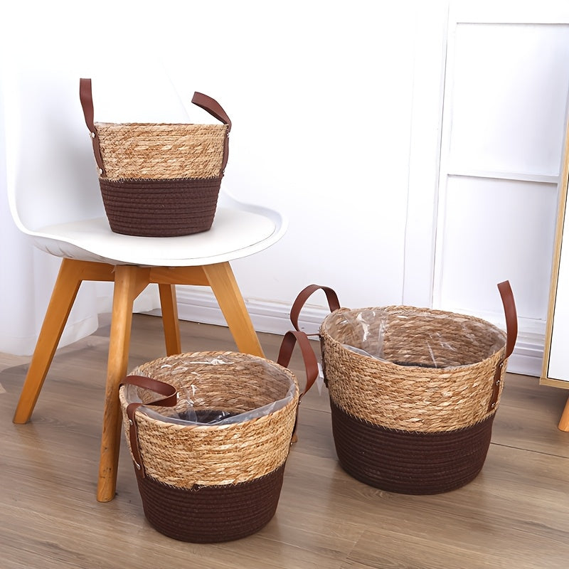 Cache-pot panier tressé bicolore à poignées simili cuir