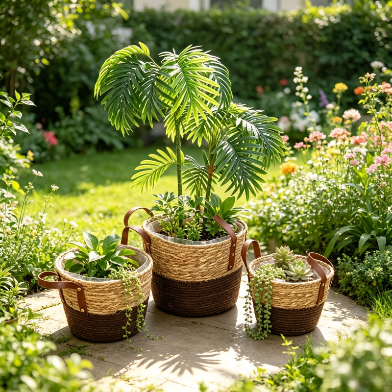 Cache-pot panier tressé bicolore à poignées simili cuir