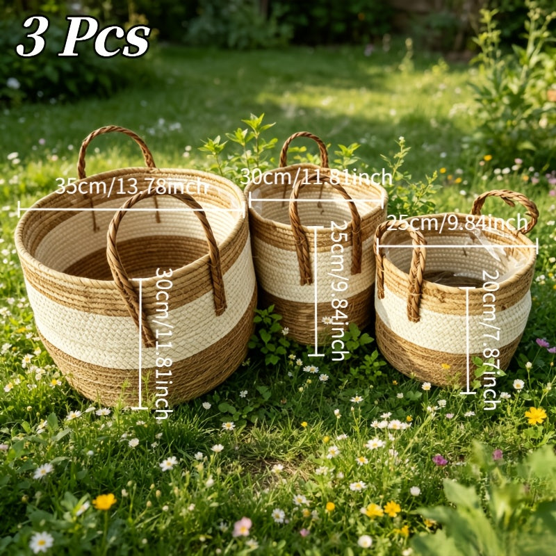 Cache-pot panier tressé écru et naturel, anses — Ø 25 à 35 cm