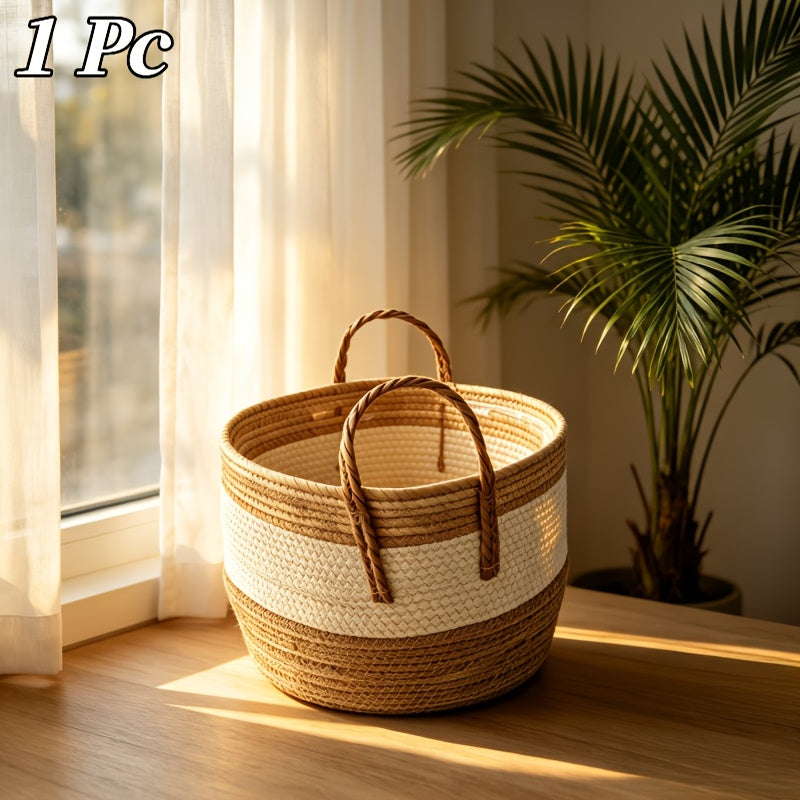 Cache-pot panier tressé écru et naturel, anses — Ø 25 à 35 cm